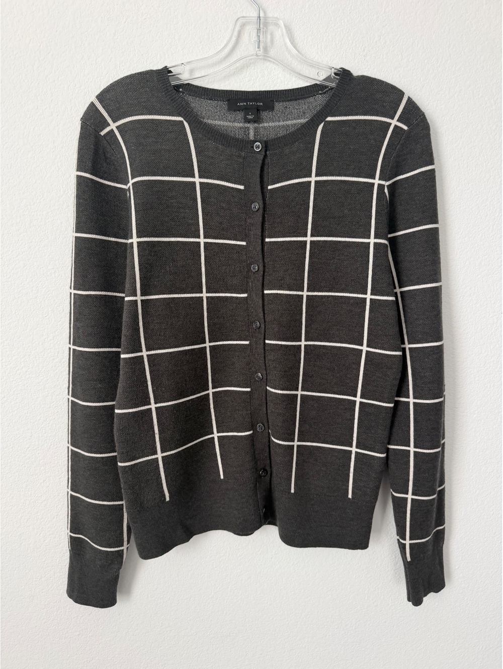 Ann Taylor Gray/White WoolBlend Long Sleeve Button Front Cardigan Sweater Size S